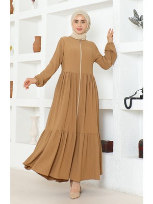Sefa Merve Bürümcük Kumaş Büzgülü Fermuarlı Ferace 1018-01 Sütlü Kahve