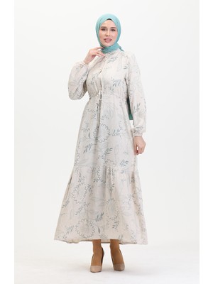 Sefa Merve Önden Düğmeli Bağcıklı Keten Elbise 0520C-02 Bej Çağla Yeşili