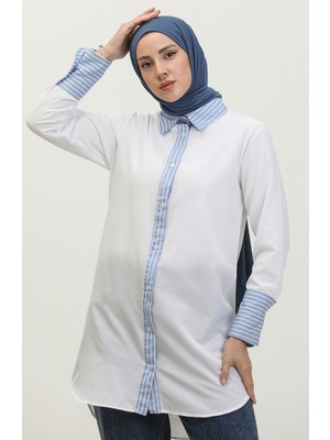 Sefa Merve Çizgili Garnili Tunik 4823-09 Beyaz