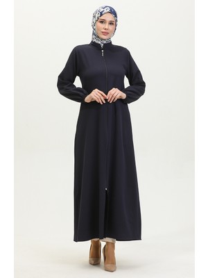 Sefa Merve Kol Ucu Lastikli Fermuarlı Düz Ferace 1013-03 Lacivert