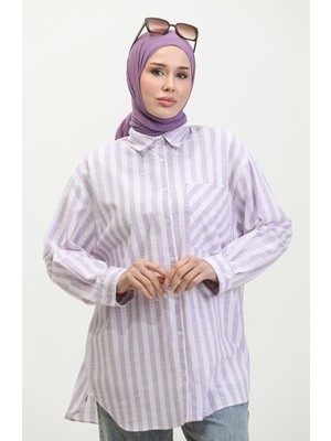 Sefa Merve Keten Karışımlı Çizgili Gömlek 4817-02 Lila
