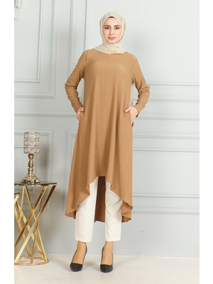 Bürümcük Kumaş Asimetrik Kesim Tunik 1032-03 Sütlü Kahve