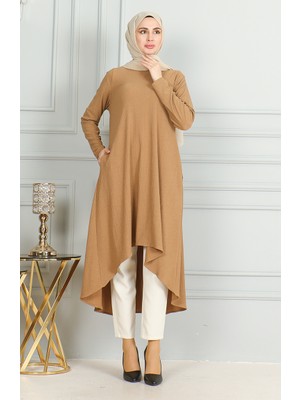 Bürümcük Kumaş Asimetrik Kesim Tunik 1032-03 Sütlü Kahve