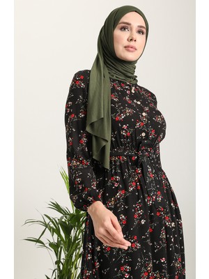 Sefa Merve Çiçek Desenli Viskon Elbise 5068-01 Siyah