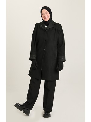 Sefa Merve Büyük Beden Düğmeli Kaşe Kaban 0328-02 Siyah