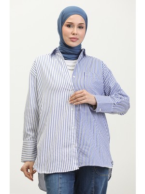 Sefa Merve Garnili Çizgili Gömlek 4809-01 Saks