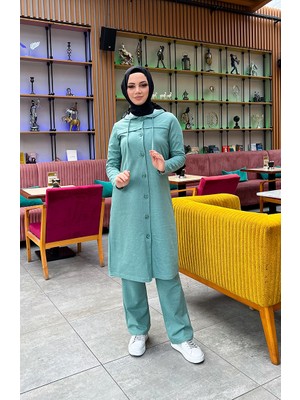 Düğmeli Kapüşonlu Eşofman Takım 3072-09 Çağla Yeşili