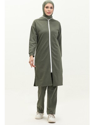Sefa Merve Fermuarlı Eşofman Takım Haki Kadın 3044-09 Mevsimlik Lastikli Düz Tasarım