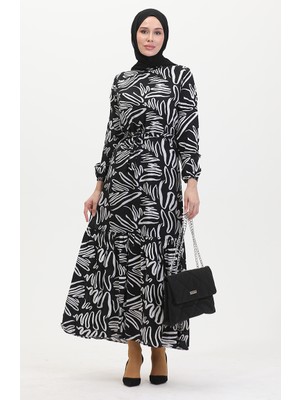 Sefa Merve Desenli Kuşaklı Viskon Elbise 0519-01 Siyah Beyaz