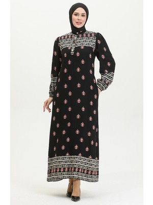 Sefa Merve Viskon Desenli Elbise 0397-01 Siyah
