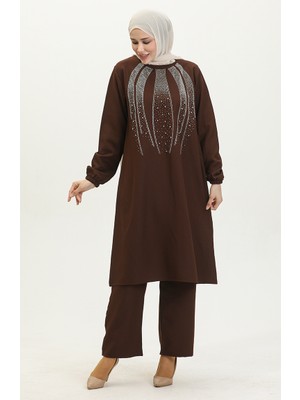 Sefa Merve Taş Baskılı Abiye Tunik Pantolon Ikili Takım 0410-05 Kahverengi
