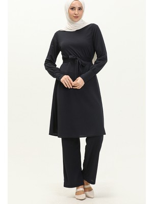 Sefa Merve Kuşaklı Tunik Pantolon Ikili Takım 0690-08 Lacivert