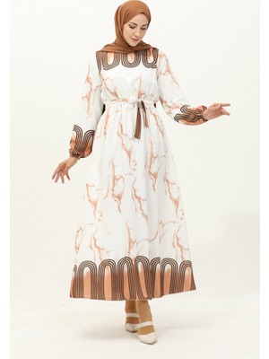 Sefa Merve Beli Büzgülü Dijital Baskılı Elbise 1115-03 Kahverengi Beyaz