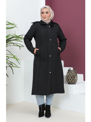 Büyük Beden Kapüşonlu Kapitone Mont 5061-01 Siyah