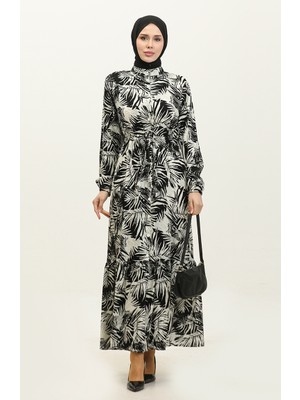 Sefa Merve Rana Palmiye Desen Viskon Elbise 0342-02 Siyah Bej