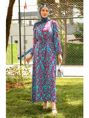 Sefa Merve Desenli Kuşaklı Viskon Elbise 0439-03 Petrol