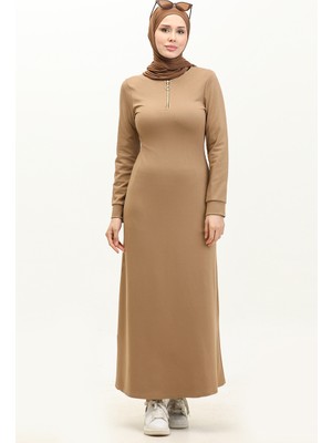 Sefa Merve Fermuarlı Elbise 2149-03 Vizon