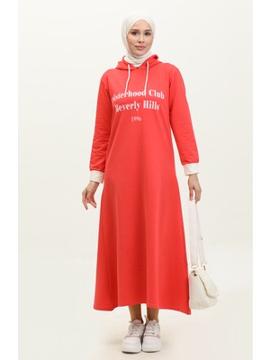 Sefa Merve Kapüşonlu Elbise 23108-01 Nar Çiçeği