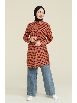 Sefa Merve Ekose Viskon Emprime Tunik 6561-04 Kiremit