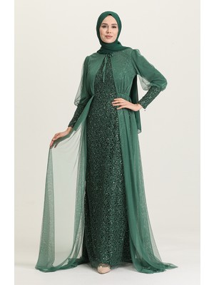 Sefa Merve Payetli Abiye Elbise 5346-13 Yeşil