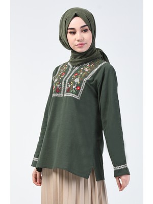 Nakışlı Şile Bezi Bluz 0011-02 Haki