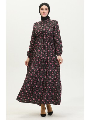 Sefa Merve Gül Desenli Elbise 0401-01 Siyah