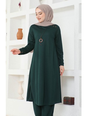 Kolyeli Tunik Pantolon Ikili Takım 0580-08 Zümrüt Yeşili