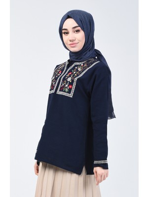 Nakışlı Şile Bezi Bluz 0011-04 Lacivert