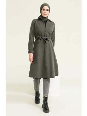 Sefa Merve Yün Viskon Kuşaklı Tunik 6544-03 Haki