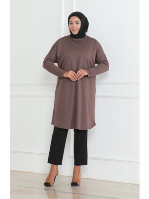 Sefa Merve Büyük Beden Mevsimlik Rahat Kesim Basic Tunik 8738-01 Kahverengi