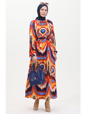 Sefa Merve Desenli Kuşaklı Viskon Elbise 0501-02 Lacivert Mercan
