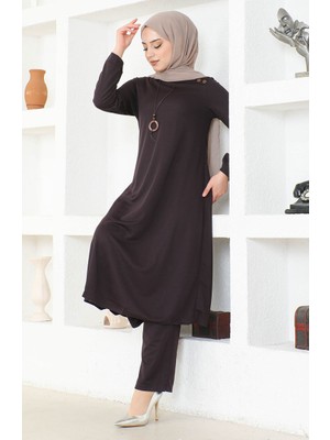 Sefa Merve Kolyeli Tunik Pantolon Ikili Takım 0580-05 Mürdüm