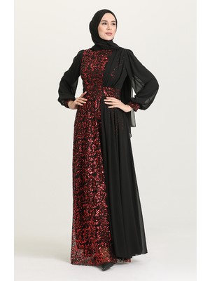 Sefa Merve Pullu Abiye Elbise 5408A-02 Siyah Bordo