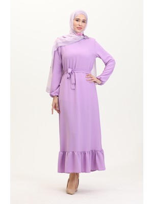 Sefa Merve Kolu Lastikli Kemerli Elbise 1015-07 Lila