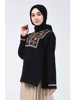 Nakışlı Şile Bezi Bluz 0011-03 Siyah