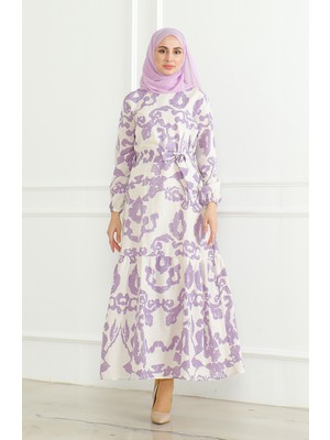 Sefa Merve Desenli Kuşaklı Keten Elbise 0471D-03 Bej Lila