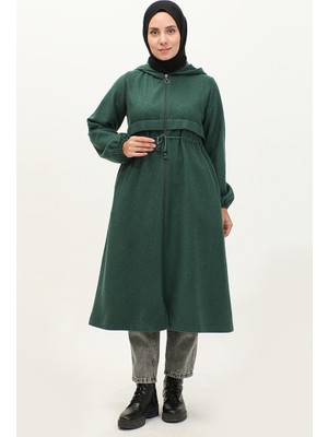 Sefa Merve Beli Büzgülü Kapüşonlu Kaşe Kap 3199-02 Zümrüt Yeşili