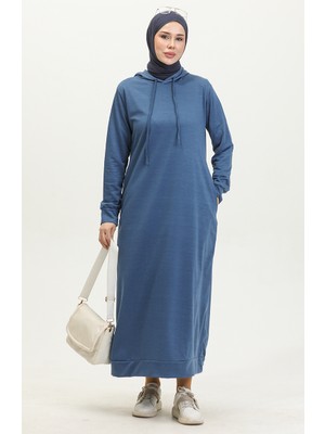 Sefa Merve İndigo Renkli Düz Desenli Uzun Kol Kapüşonlu Spor Elbise 50-52 Beden Günlük Stil