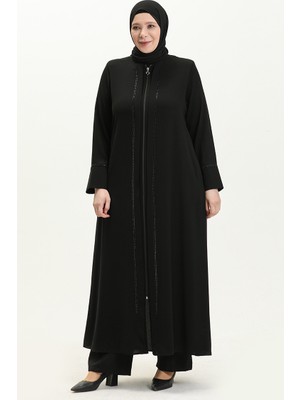 Sefa Merve Büyük Beden Önü Taşlı Ferace 5050-01 Siyah