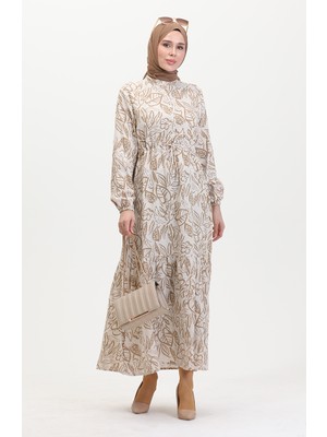 Sefa Merve Önden Düğmeli Bağcıklı Keten Elbise 0520B-01 Bej Vizon