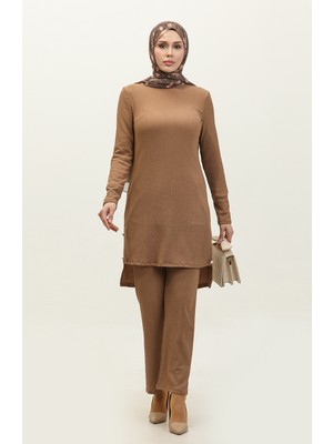 Sefa Merve Düğme Detaylı Tunik Pantolon Ikili Takım 0101DA-02 Kahverengi