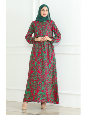 Sefa Merve Desenli Kuşaklı Viskon Elbise 0495-02 Fuşya Yeşil