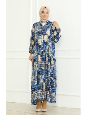 Sefa Merve Desenli Viskon Elbise 0466-03 Indigo