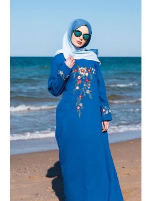Sefa Merve Nakışlı Şile Bezi Elbise 0300-02 Indigo