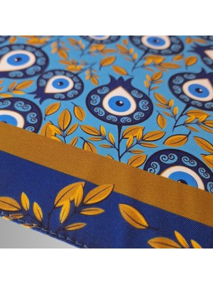 Mavi Yeşil Fular Bandana Ipeksi Twill Saten Kumaş Nar Nazar Boncuğu Desenli