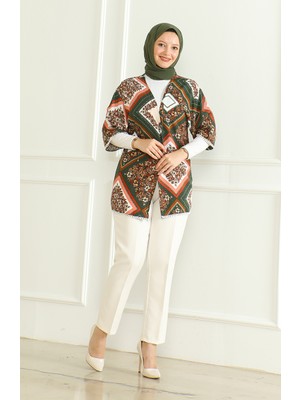Desenli Viskon Kimono 83006D-01 Haki Kahverengi