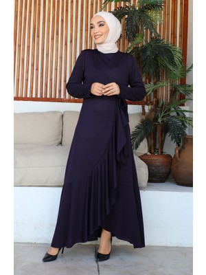 Sefa Merve Yandan Bağlamalı Volanlı Elbise 1907-08 Mor