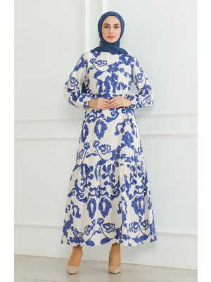 Sefa Merve Desenli Kuşaklı Keten Elbise 0471D-05 Bej Saks