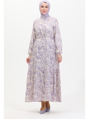 Sefa Merve Önden Düğmeli Bağcıklı Keten Elbise 0520B-05 Bej Lila