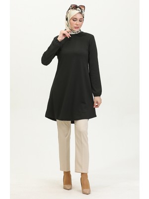 Sefa Merve Sade Dökümlü Kol Ucu Lastikli Tunik 8722-01 Siyah